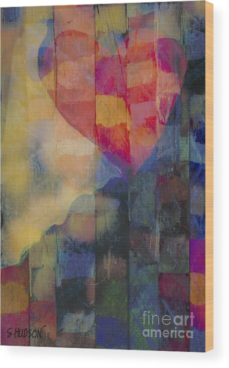Colourful Wood Print featuring the painting colourful abstract Valentine - Heart Afloat by Sharon Hudson