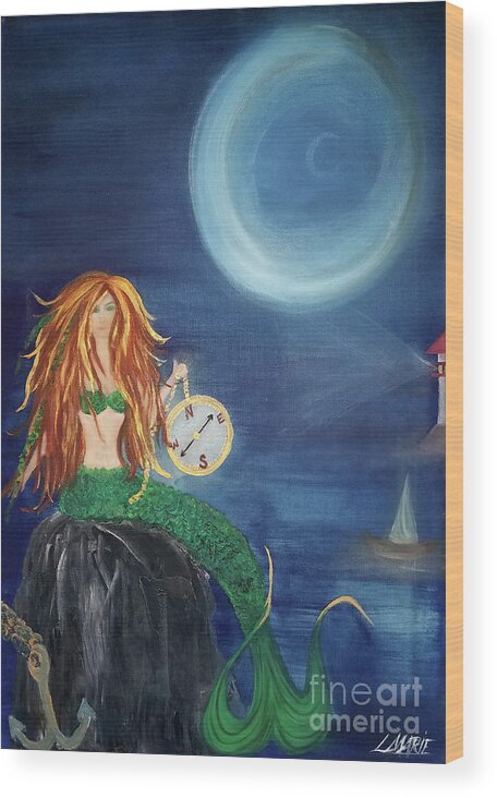 Mermaid Wood Print featuring the painting Compass Mermaid by Artist Linda Marie