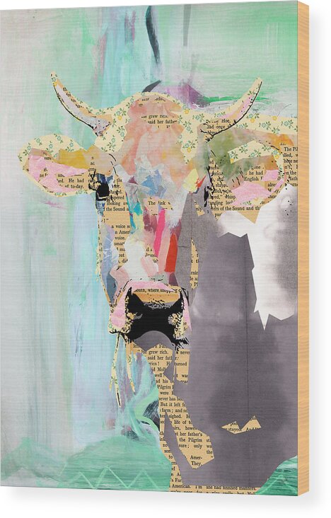 Cow Wood Print featuring the mixed media Cow Collage by Claudia Schoen