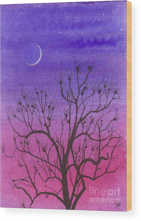 Watercolor Wood Print featuring the painting Crescent Moon and Peculiar Tree by Jackie Irwin