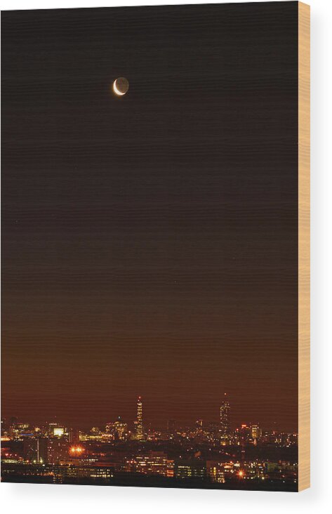 Boston Wood Print featuring the photograph Crescent Moon Over Boston by Ken Stampfer