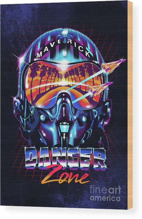 Helmet Wood Print featuring the digital art Danger Zone / Top Gun / Maverick / Pilot Helmet / Pop Culture / 1980s Movie / 80s by Zerobriant Designs