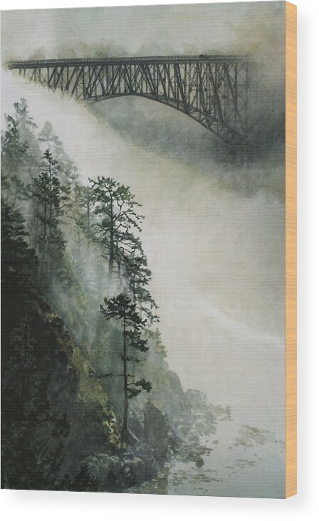 Fog Wood Print featuring the painting Deception Pass Fog by Perry Woodfin