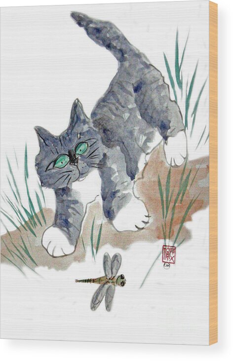 Cat+art Cat+cartoon Felines Sumi Kitten Neko Cat+drawings Cat+illustrations Funny Happy Humor Whimsy Whimsical Pets Cat  Wood Print featuring the painting Dragonfly Chase by Ellen Miffitt