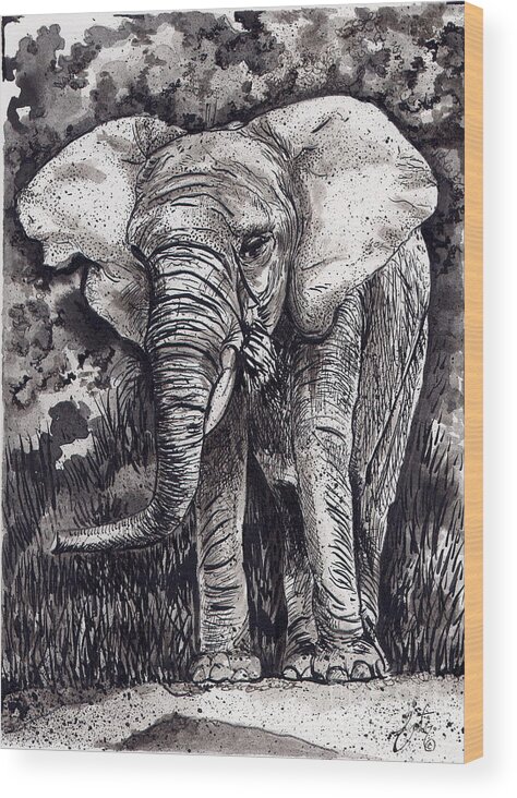 Elephant Drawing Wood Print featuring the painting Elephant in Grey by Daniela Easter