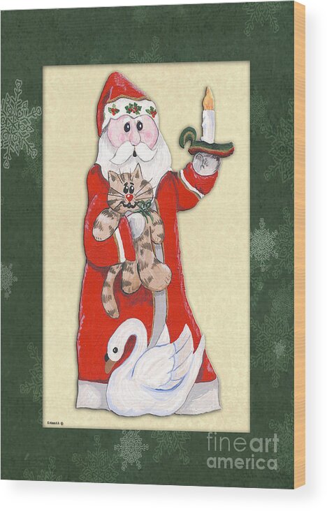 Christmas Wood Print featuring the painting Father Christmas kitty and swan by Shari Nees