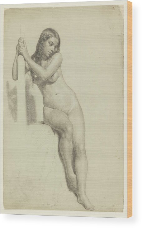 Daniel Huntington Wood Print featuring the drawing Female Nude Perched on a Stool by Daniel Huntington