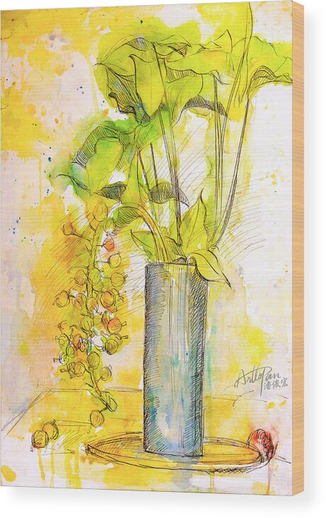 Fig Wood Print featuring the painting Fig Flower leaves- ArtToPan -still life watercolor color sketch by Artto Pan