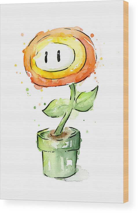 Nintendo Wood Print featuring the painting Fireflower Watercolor Painting by Olga Shvartsur