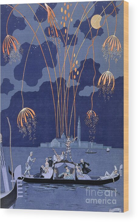 Art Deco; Stencil Wood Print featuring the painting Fireworks in Venice by Georges Barbier