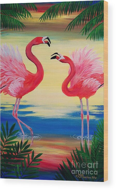 Pink Flamingo Wood Print featuring the painting Flamingo Courtship Dance by Pat Davidson