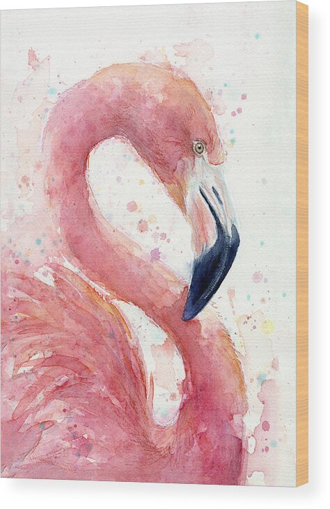 Watercolor Flamingo Wood Print featuring the painting Flamingo - Facing Right by Olga Shvartsur