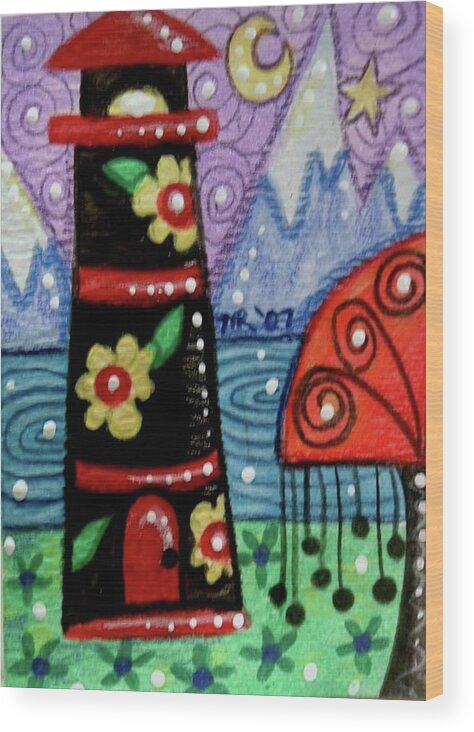 Lighthouse Wood Print featuring the painting Floral Lighthouse with Mountain Background by Monica Resinger