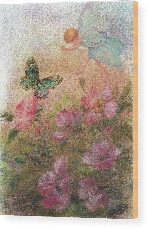 Fantasy Illustration Wood Print featuring the painting Flower Fairy Butterfly Roses by Judith Cheng