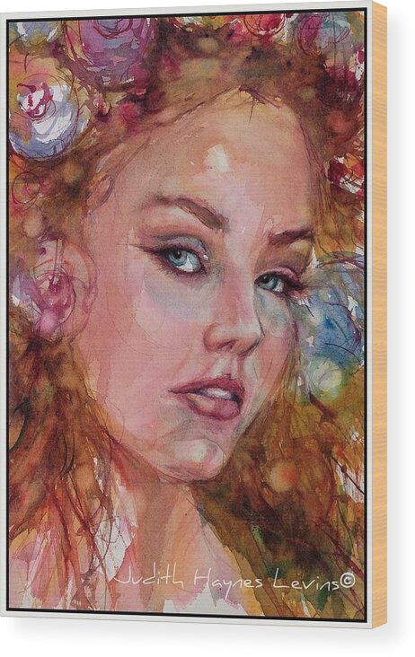 Portrait Wood Print featuring the painting Flower Princess by Judith Levins