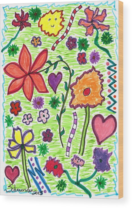 Drawing Wood Print featuring the drawing For the Love of Flowers by Susan Schanerman