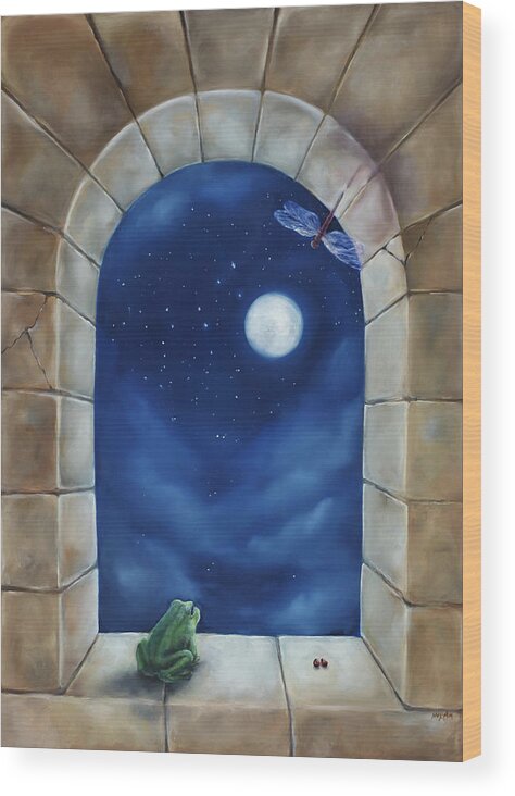 Frog Dream Window Wood Print featuring the painting Frog Dream Window by Mary Johnson