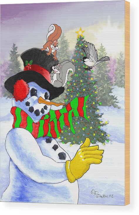 Frosty Wood Print featuring the painting Frosty And Friends by Richard De Wolfe