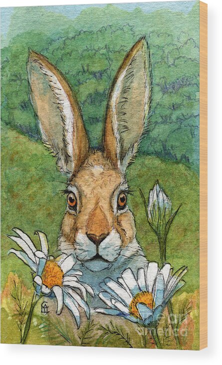 Animal Wood Print featuring the painting Funny bunnies - with Chamomiles 889 by Svetlana Ledneva-Schukina