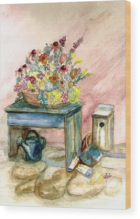 Gardening Wood Print featuring the painting Garden Bench by Deb Stroh-Larson