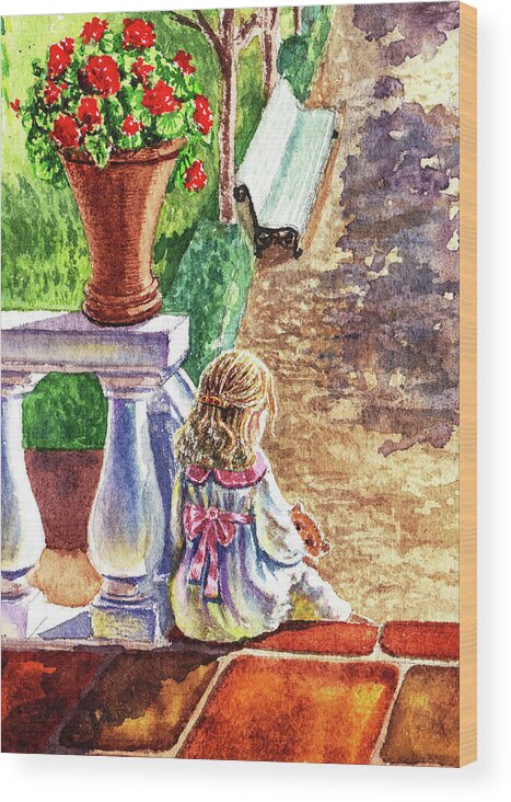 Girl Wood Print featuring the painting Girl In The Garden With Teddy Bear by Irina Sztukowski