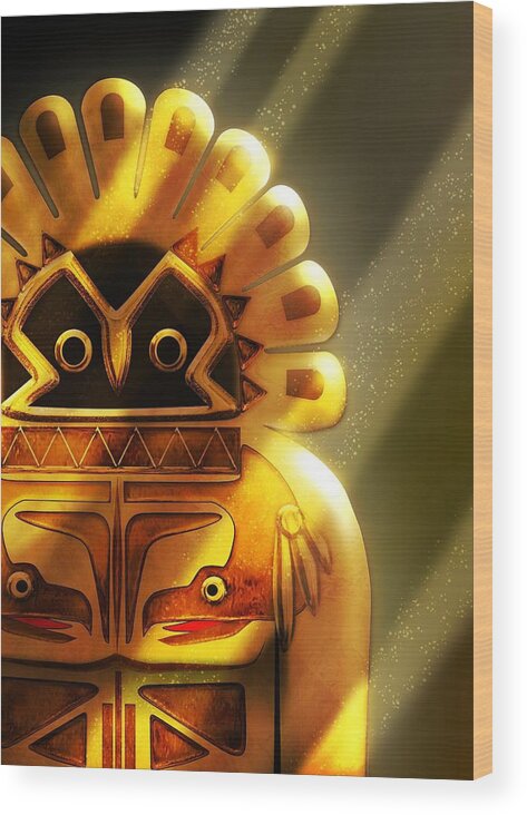 Native American Wood Print featuring the digital art Golden Idol Native American Hawk God by John Wills