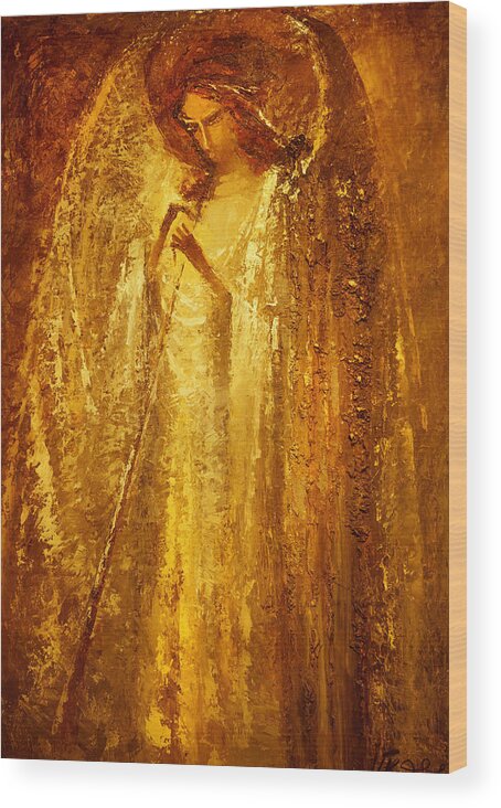 Angel Wood Print featuring the painting Golden Light of Angel by Valentina Kondrashova
