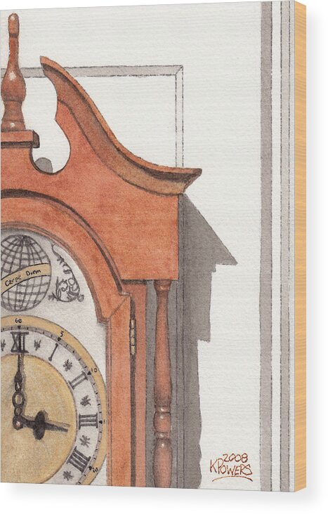 Watercolor Wood Print featuring the painting Grandfather Clock by Ken Powers