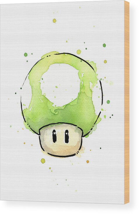 Video Game Wood Print featuring the painting Green 1UP Mushroom by Olga Shvartsur