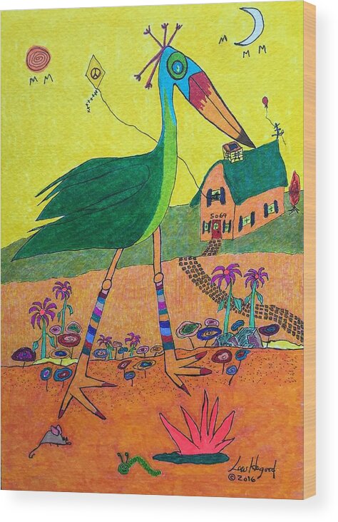 Hagood Wood Print featuring the painting Green Crane with Leggings and Painted Toes by Lew Hagood
