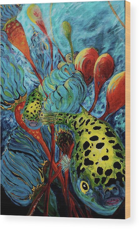 Puffer Fish Wood Print featuring the painting Green Spotted Puffer by Gregory Merlin Brown