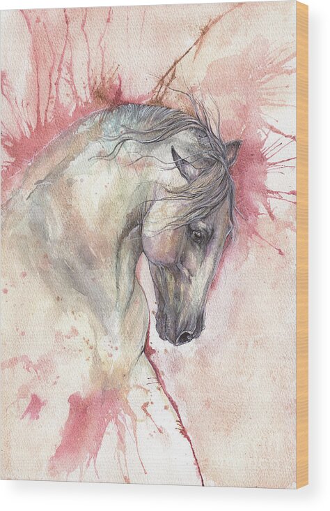 Horse Wood Print featuring the painting Grey Horse On Red Background by Ang El