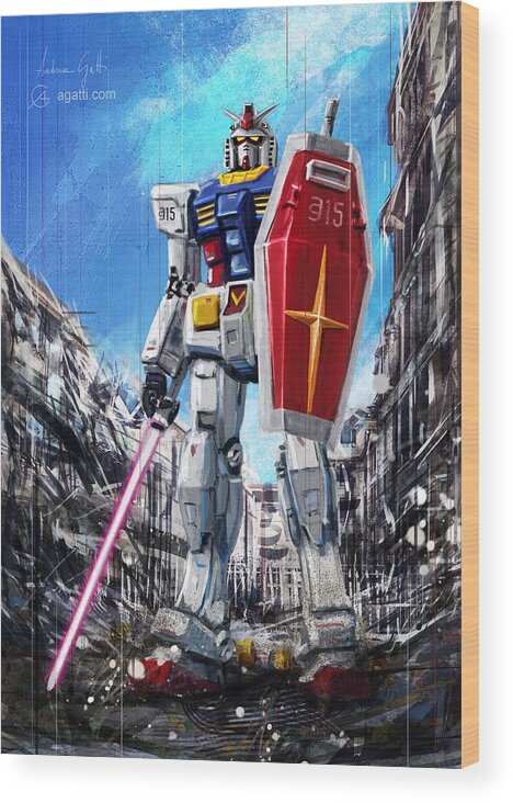 Sci-fi Wood Print featuring the digital art Gundam Lingotto Saber by Andrea Gatti