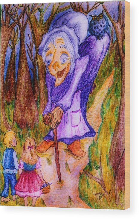Fairy Tales Wood Print featuring the drawing Hansel and Gretel by Rae Chichilnitsky