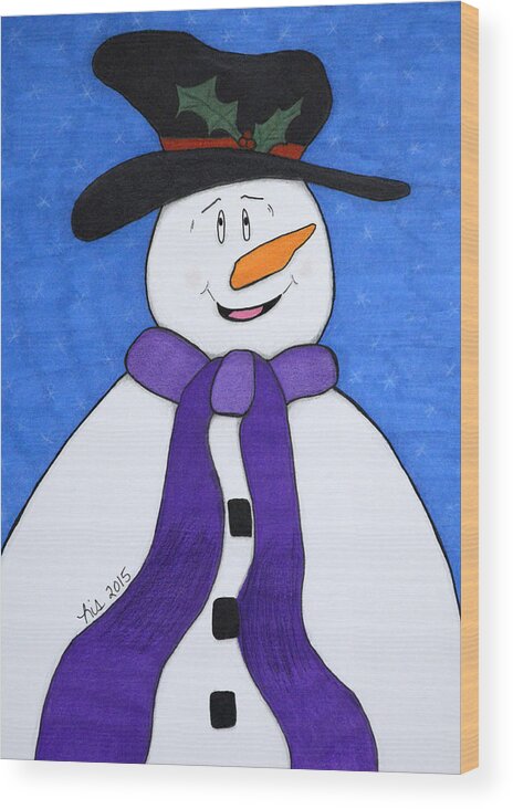 Snowman Wood Print featuring the drawing Happiness Snowman by Lisa Blake