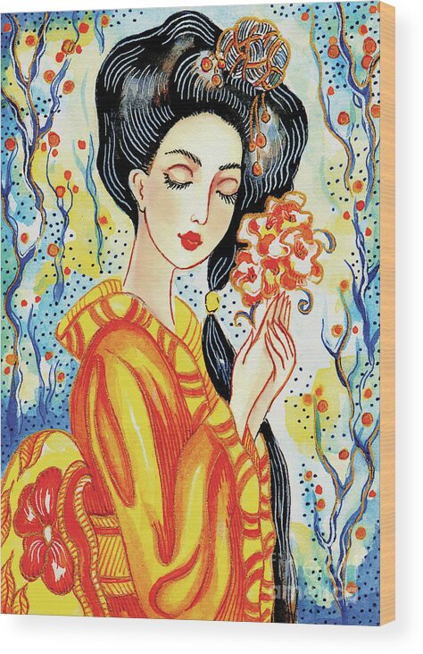 Woman And Flower Wood Print featuring the painting Harmony Flower by Eva Campbell