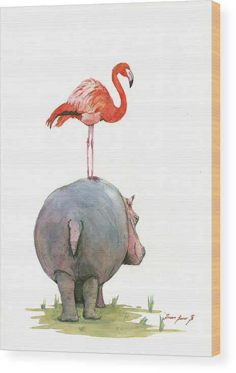 Hippo Art Wood Print featuring the painting Hippo with flamingo by Juan Bosco