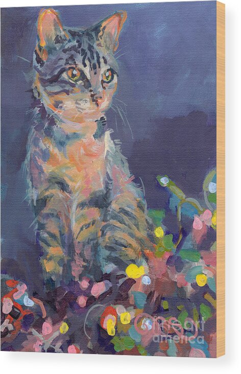 Gray Tabby Wood Print featuring the painting Holiday Lights by Kimberly Santini