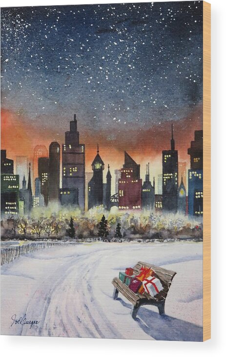 Watercolor Wood Print featuring the painting Holiday Skyline by Joseph Burger