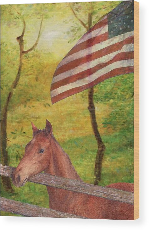 Illustrated Horse Wood Print featuring the painting Illustrated Horse in golden meadow by Judith Cheng