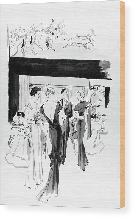 Fashion Wood Print featuring the digital art Illustration Of A Man And Women At The Plaza by Jean Pages