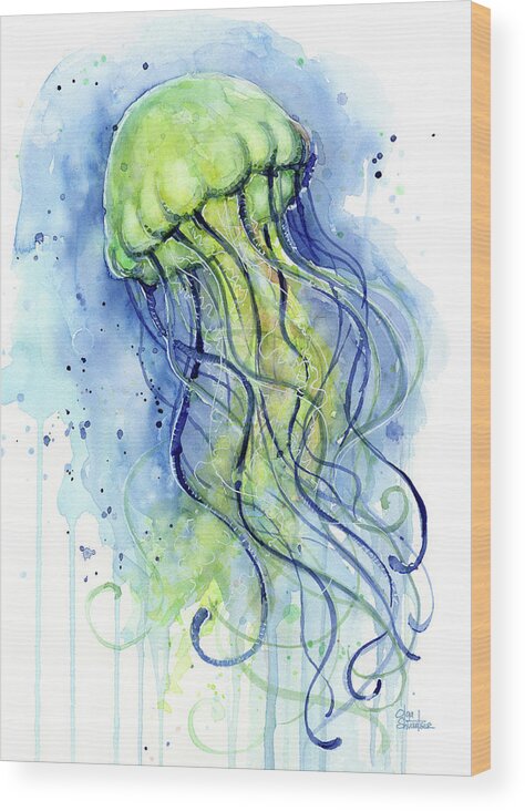 Watercolor Jellyfish Wood Print featuring the painting Jellyfish Watercolor by Olga Shvartsur