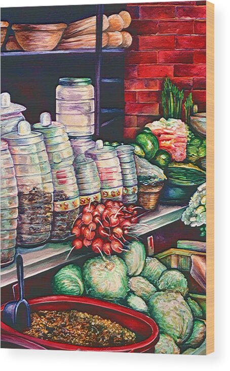 Gaye Elise Beda Wood Print featuring the painting Jerry's Jelly Jars, Mexico by Gaye Elise Beda