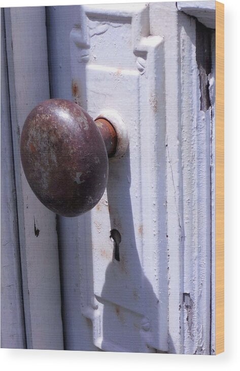 Old Wooden Door With Vintage Hardware. White Door Rusted Knob Wood Print featuring the photograph Keyhole by Steve Godleski