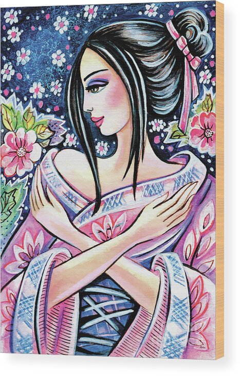 Kimono Woman Wood Print featuring the painting Kimono Flower by Eva Campbell