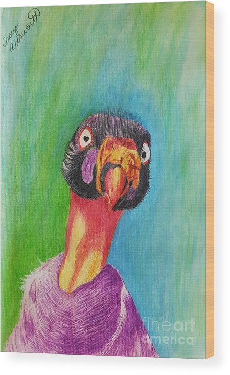 King Vulture Wood Print featuring the drawing King Vulture by Cassy Allsworth