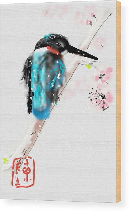 Kingfisher. Cherry Blossoms. Snow Wood Print featuring the digital art Kingfisher In Late Spring Snow by Debbi Saccomanno Chan