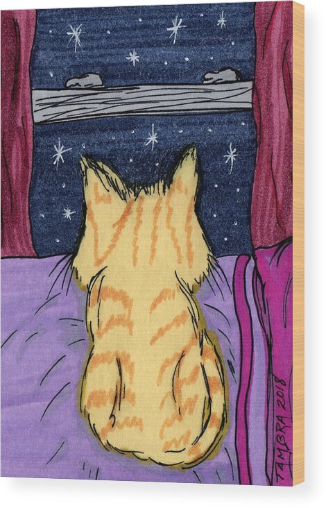Night Wood Print featuring the painting Kitty Loaf by Tambra Wilcox