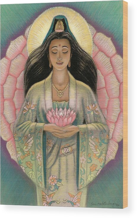 Kuan Yin Wood Print featuring the painting Kuan Yin Pink Lotus Heart by Sue Halstenberg