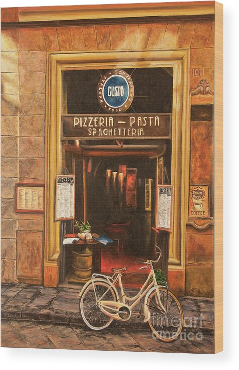 Italian Cafe Painting Wood Print featuring the painting La Bicicletta by Charlotte Blanchard